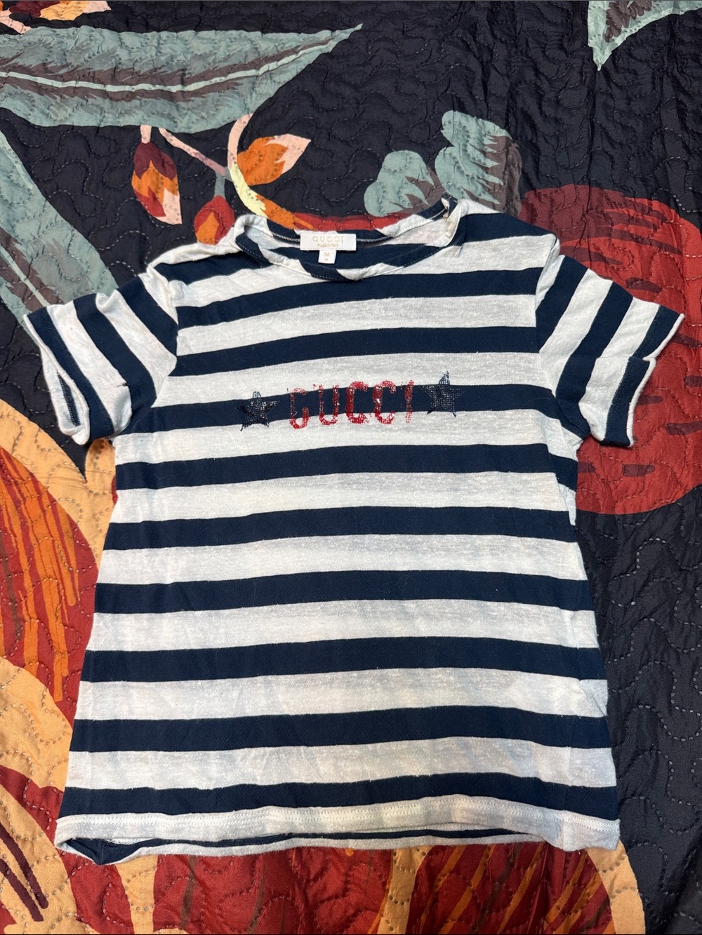 Gucci Navy & White Striped Kids Tee with Red Logo